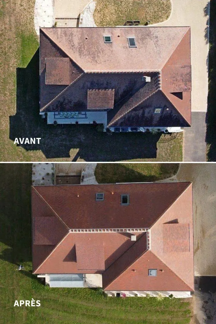 Vue de drone d'une toiture avant et après nettoyage